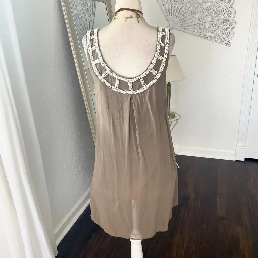 Boston Proper Taupe Silk Beaded Siren Mermaid Babydoll Mini Dress US 6 / S